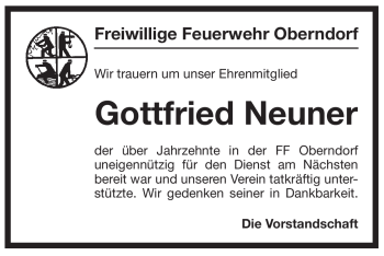 Traueranzeige von Gottfried Neuner von Pegnitz-Zeitung